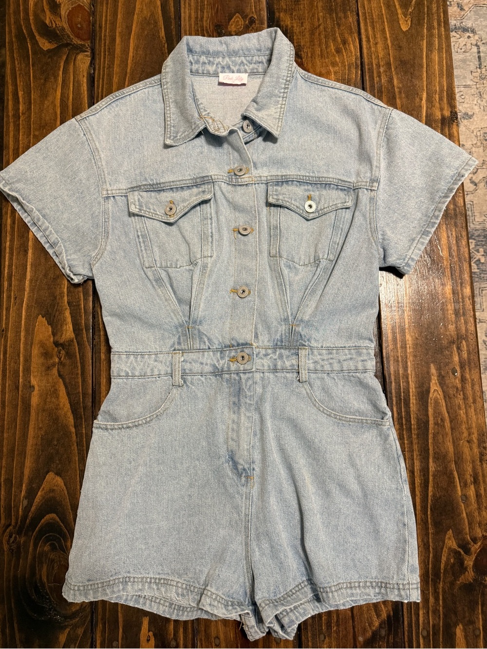 Pink Lily Light Wash Denim Short Sleeve Romper